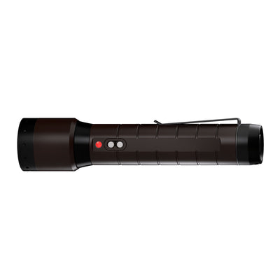 Ledlenser P7R Signature Torch lying horizontally with brown body side clip red power button and grey control button lens to the right
