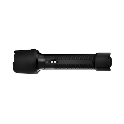 P7R Work UV Torch shown in side view; black cylindrical rechargeable torch with textured grip and tail cap