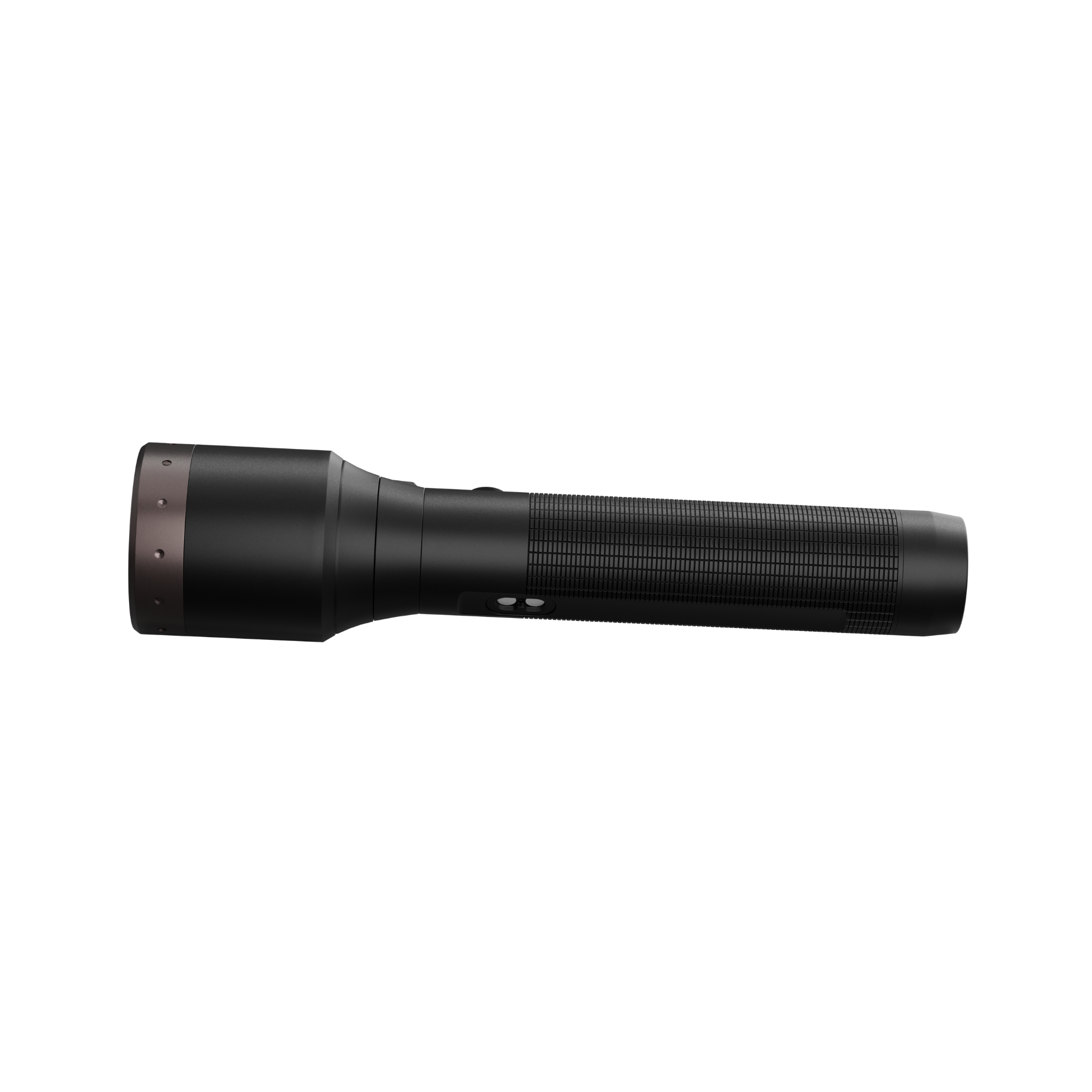 Ledlenser P9R LEP Torch side view black cylindrical flashlight with textured grip and brown head ring showing side control buttons