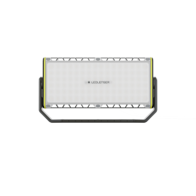 AF12R Work Floodlight with rectangular LED panel yellow trim mounted on a metal stand with connected cable