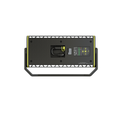 AF12R Work Floodlight underside view showing integrated handle power cable and control panel on rugged yellow accented housing
