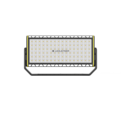 Ledlenser AF12R Work Floodlight featuring a large rectangular LED array yellow accent frame and stand shown on a dark background