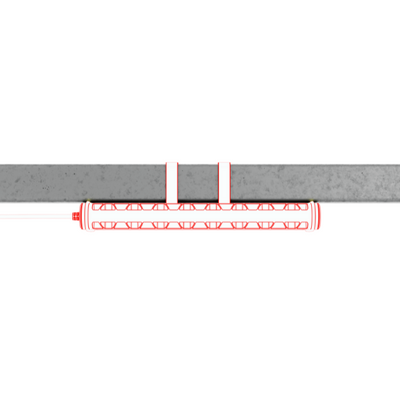 AT10C Work Task Light shown mounted under a horizontal concrete beam with two red mounting brackets and a red outlined cylindrical body