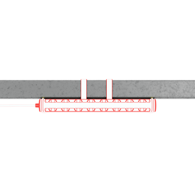 AT10C Work Task Light shown mounted under a horizontal concrete beam with two red mounting brackets and a red outlined cylindrical body