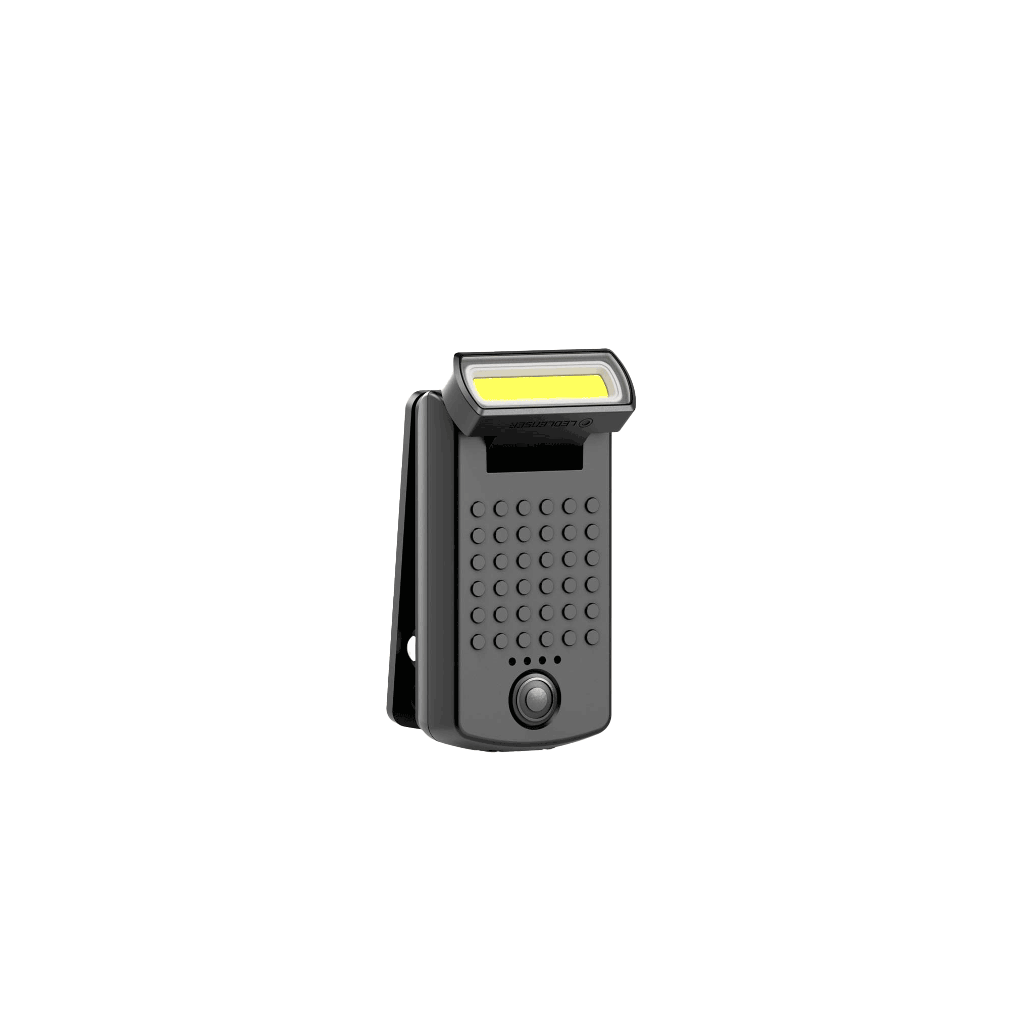 W1R Work Clip Light compact Ledlenser clip on work light in dark grey with a yellow LED panel and front clip mounting
