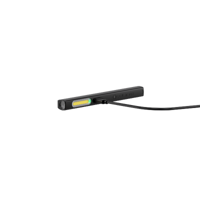 Ledlenser W2R Work Pen Light compact rechargeable torch in black with yellow accent shown with charging cable attached