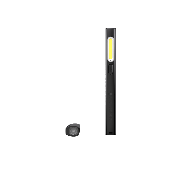 Ledlenser W2R Work Pen and Test Light with slim black body and yellow LED panel shown with a small accessory cap beside it