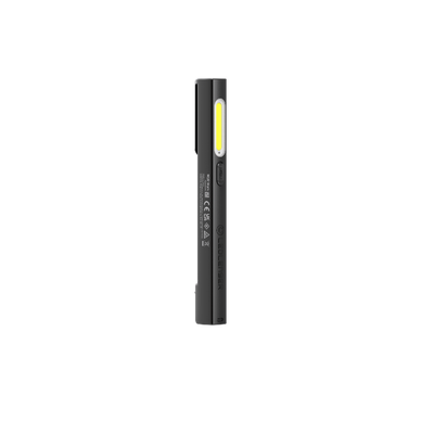 Ledlenser W2R Work Pen and Test Light a slim black rechargeable torch with yellow LED panel shown in vertical orientation