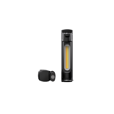 W7R Work Light standing upright showing a vertical yellow LED strip on a black body with a cap accessory beside it