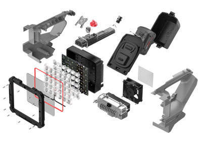 XP30R Spotlight exploded view showing main housing battery pack charging dock lens assembly circuit board and external components