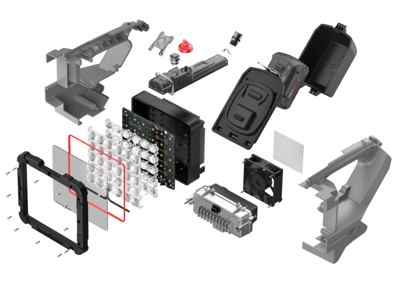 XP30R Spotlight exploded view showing main housing battery pack charging dock lens assembly circuit board and external components