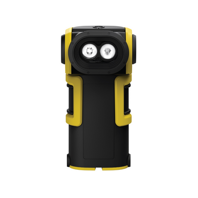 EXC6R Light: Ledlenser two LED front view rechargeable right angle torch in black and yellow with rugged housing