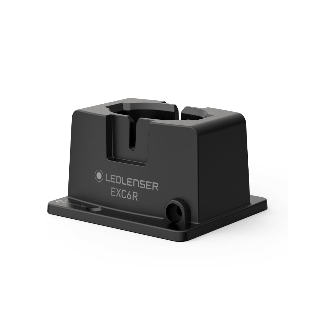 Ledlenser EXC6R Light charging cradle shown from a front left angled view black plastic mount with recessed slot