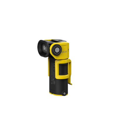 Ledlenser EXC6R Light yellow rechargeable right angle torch with black handle in upright position shown with compact headlamp head and side switch