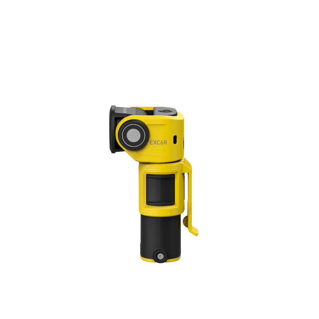 Ledlenser EXC6R Light yellow rechargeable right angle torch shown upright with black grip and side switch