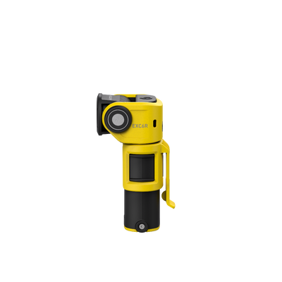 Ledlenser EXC6R Light yellow rechargeable right angle torch shown upright with black grip and side switch
