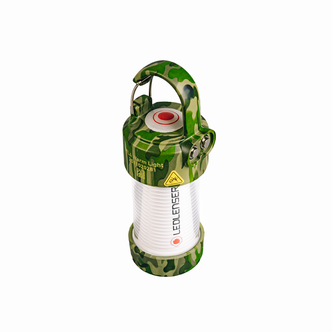 Ledlenser ML4 Warm Light Lantern in camouflage finish with handle red power button on top and white light body