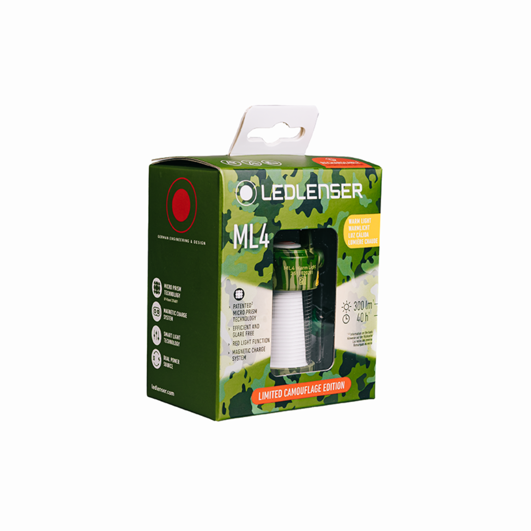Ledlenser ML4 Warm Light Lantern camouflage edition packaging with green camo design and visible lantern inside through the window