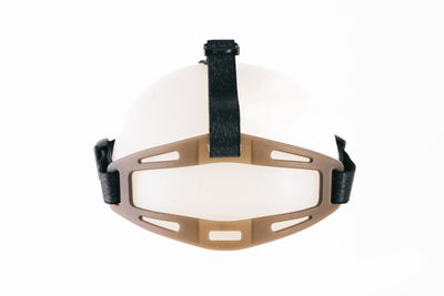 Ledlenser Spare Part Headband HF8R Core Black Poly Bag mounted on a white head form with tan headband frame and black straps