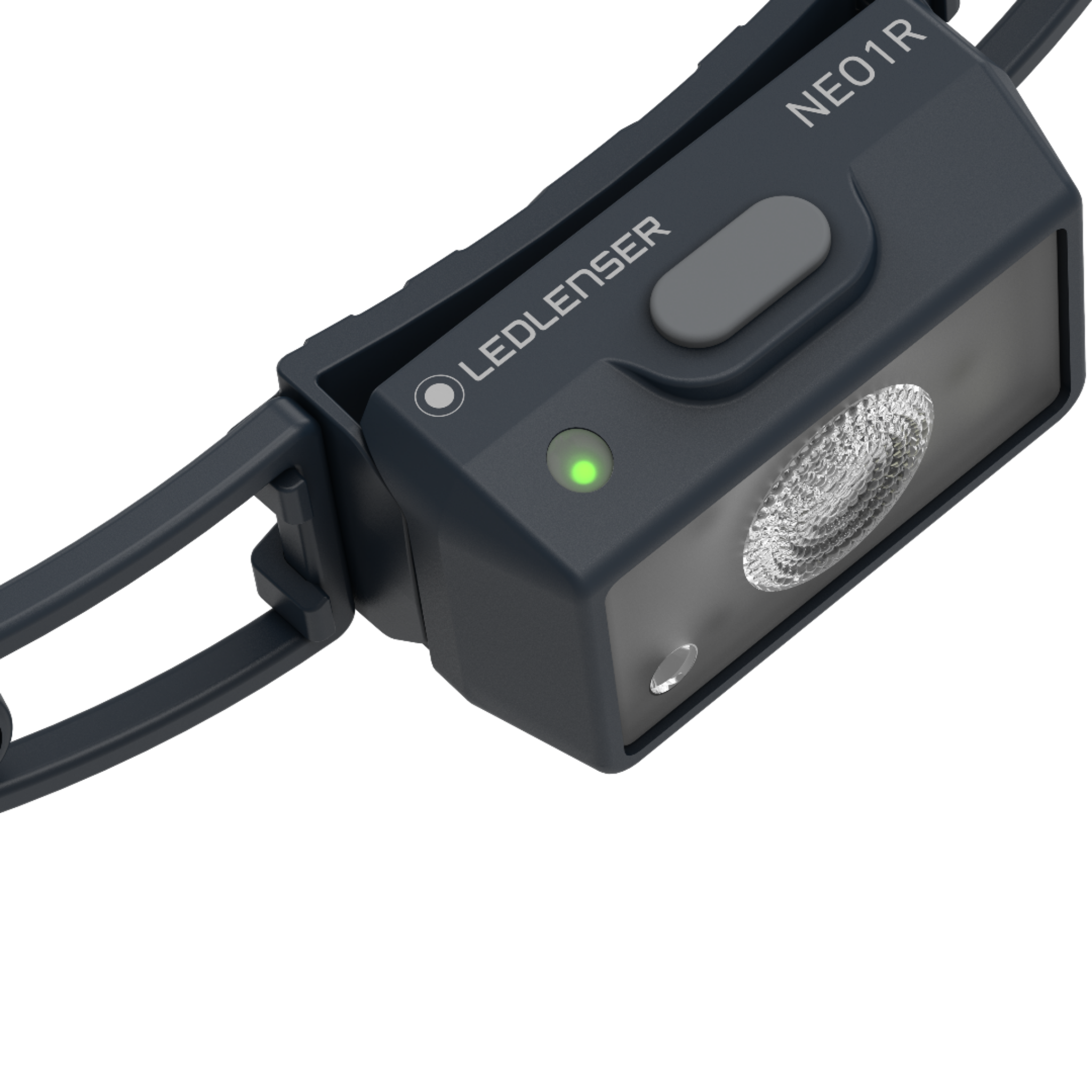 Ledlenser NEO1R headlamp with rechargeable battery shown on a dark headband with green indicator and front LED module