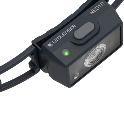Ledlenser NEO1R headlamp with rechargeable battery shown on a dark headband with green indicator and front LED module