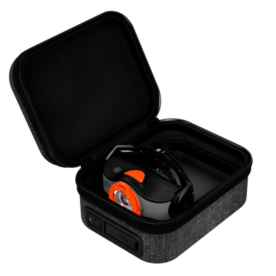 Ledlenser MH4 Powercase Combo headlamp with orange dial inside open protective carrying case