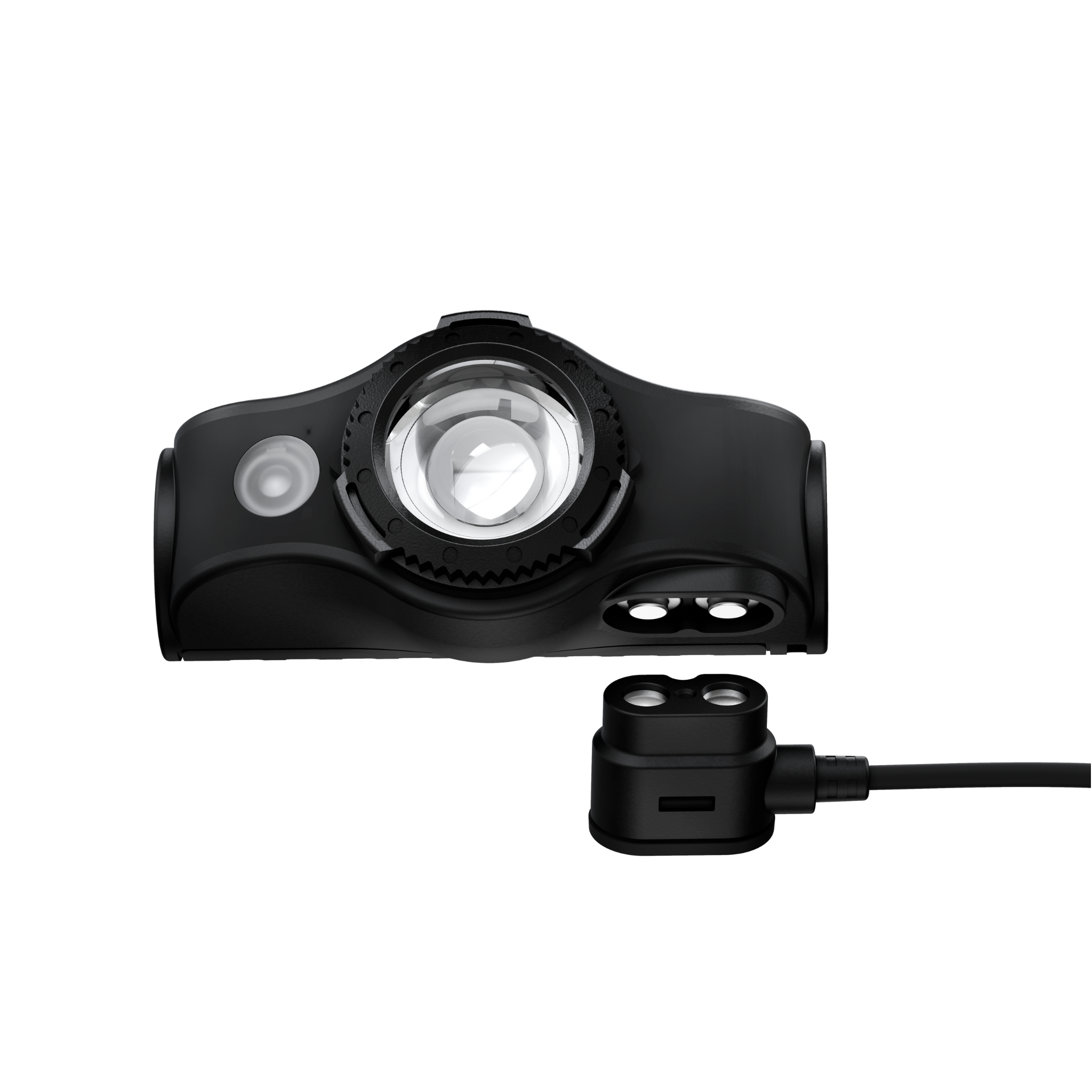 MH4 Outdoor Headlamp by Ledlenser black rechargeable headlamp with attached charging dock and cable