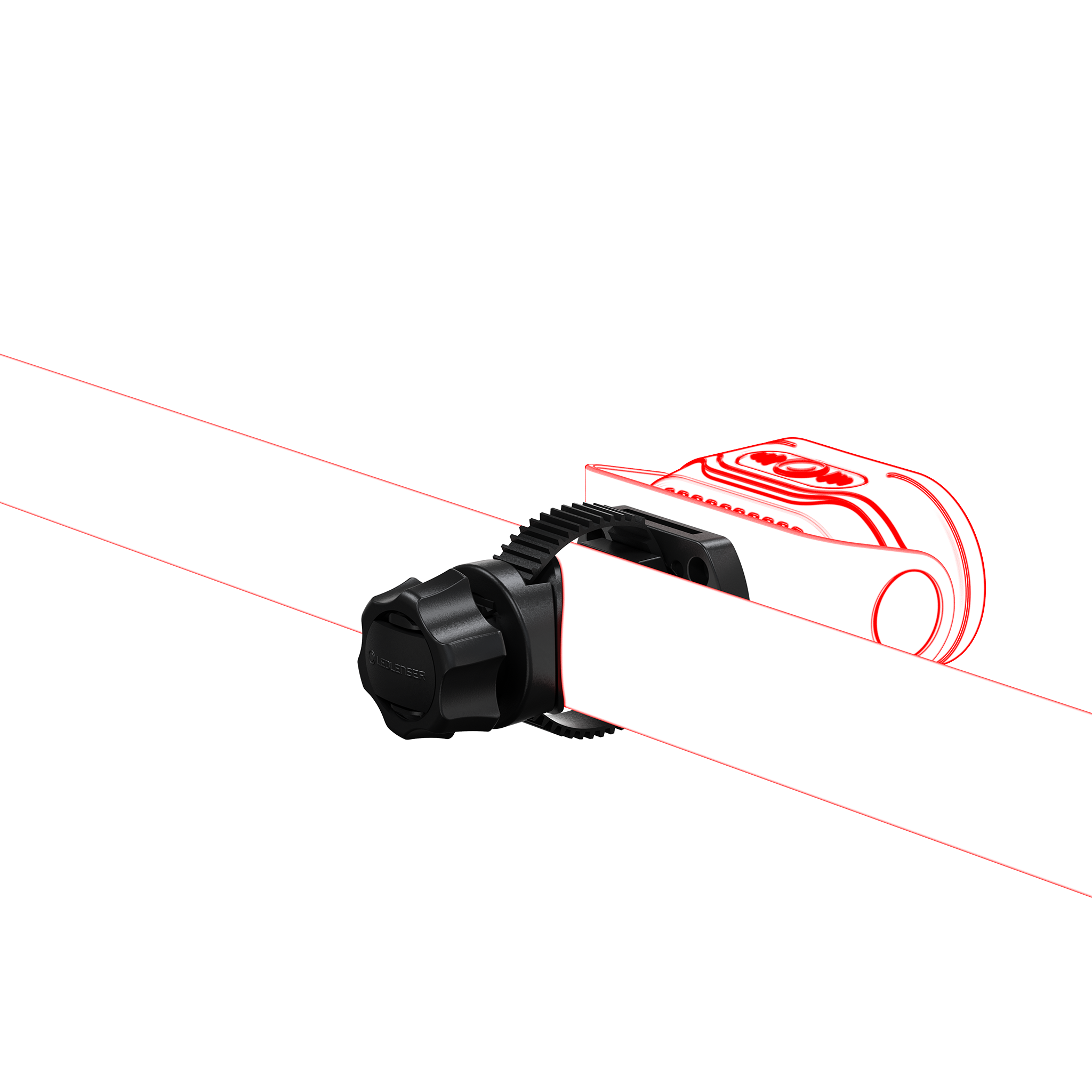 Universal Mounting Bracket Type E Headlamp and Torch Mount mounted on a black clamp with a white and red strap
