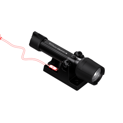 Ledlenser P7R Work UV Torch shown in a side view with a mounted base and red USB charging cable connected
