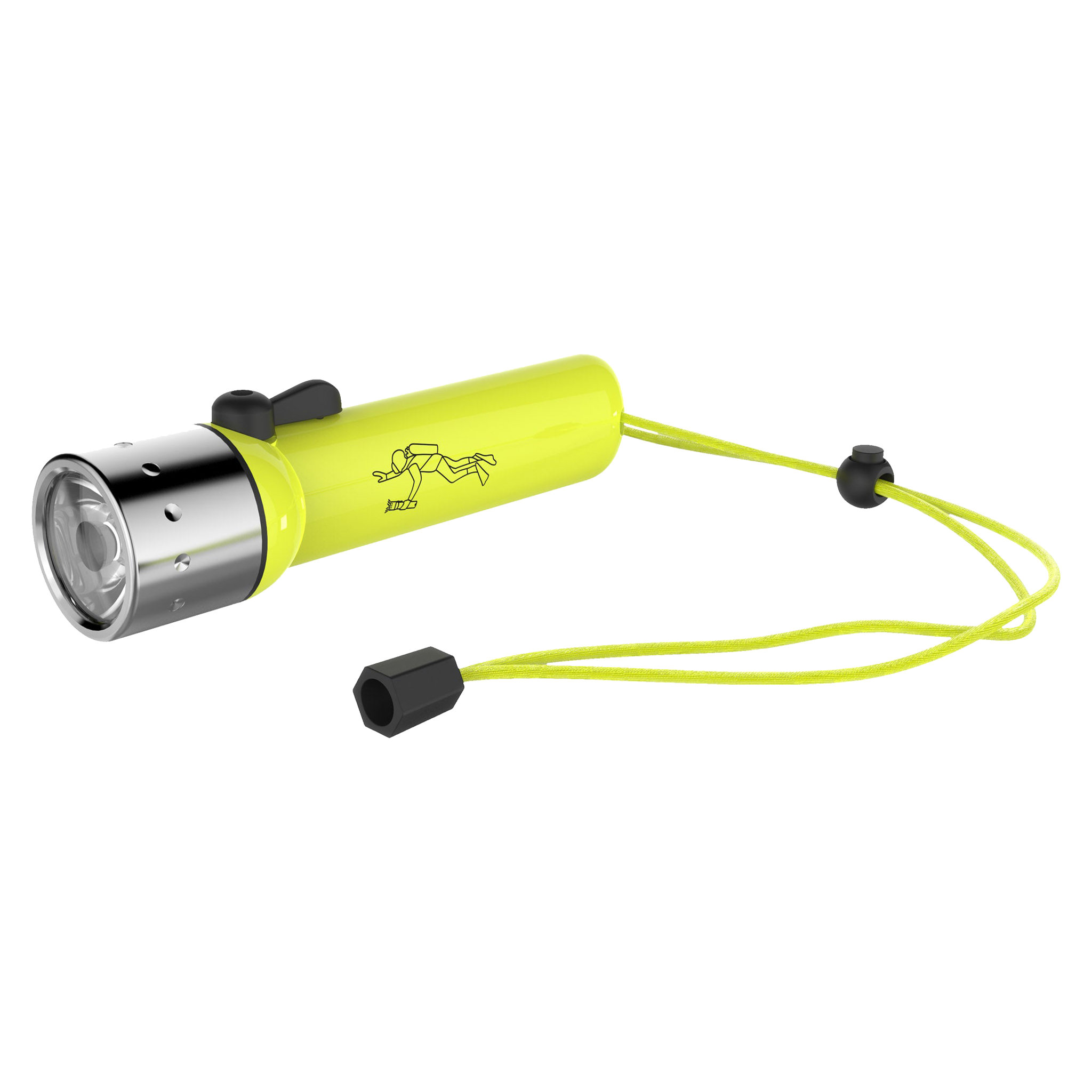 D14 2 Battery Operated Torch in neon yellow with lanyard lying horizontally with head end visible and cord attached
