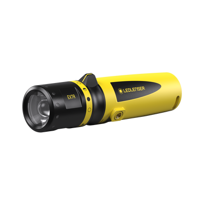 EX7R Torch yellow and black handheld flashlight shown in side view with front lens and mounting hole