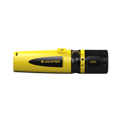 Ledlenser EX7R Torch in yellow and black seen in side profile handheld professional flashlight design