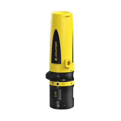 Ledlenser EX7R Torch shown upright with yellow and black body control ring and bottom switch on a portable rechargeable flashlight