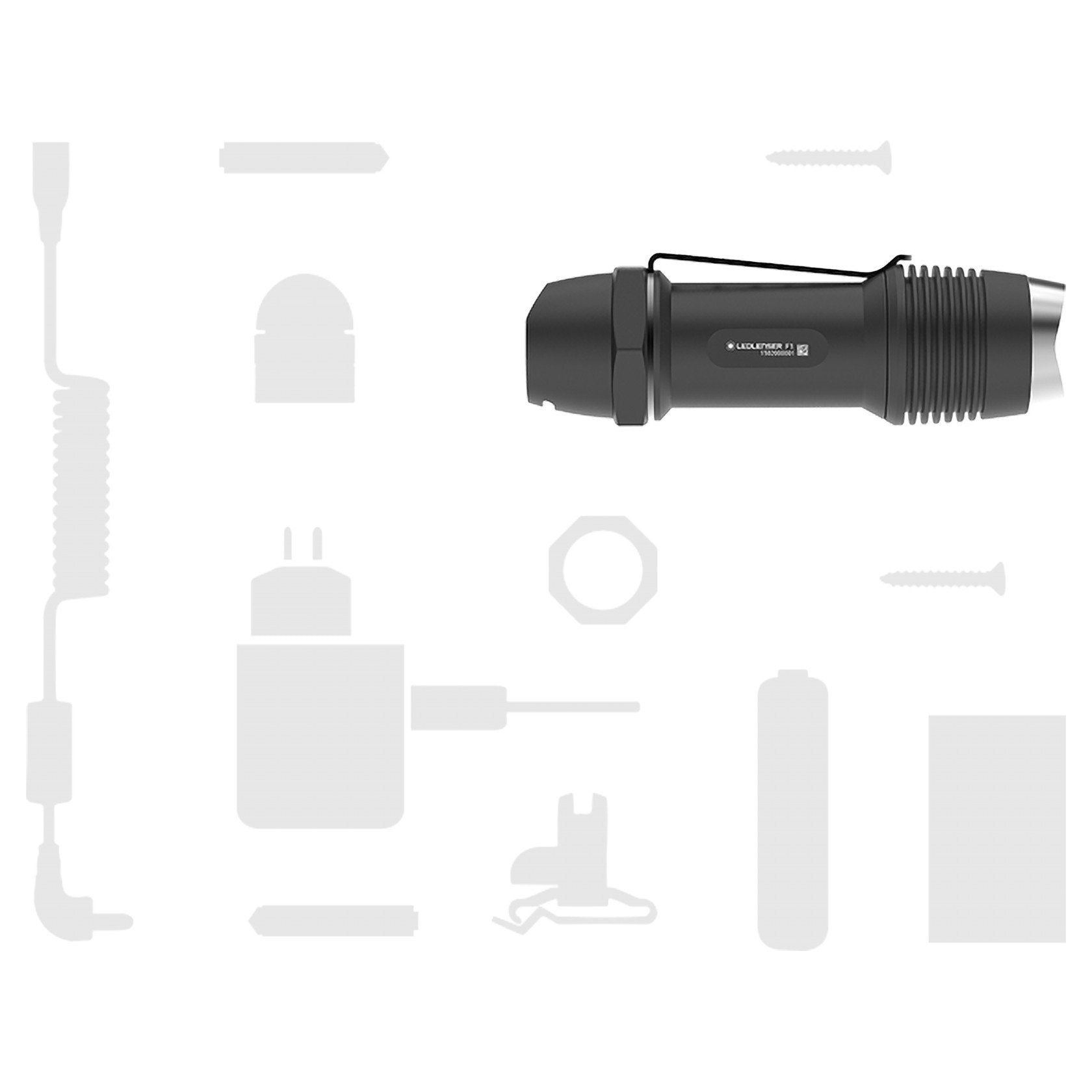 Ledlenser F1 Torch shown horizontally with textured grip and rear cap accessories silhouettes in light grey background