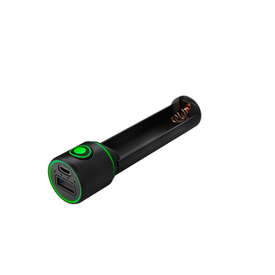 Ledlenser Flex3 Powerbank black cylindrical design with green ring showing dual USB ports and visible battery springs inside its cavity
