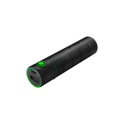 Ledlenser Flex3 Powerbank black cylindrical portable charger with USB C and USB A ports and a green ring