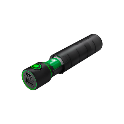 Ledlenser Flex3 Powerbank cylindrical black portable charger with green accents and dual USB output ports