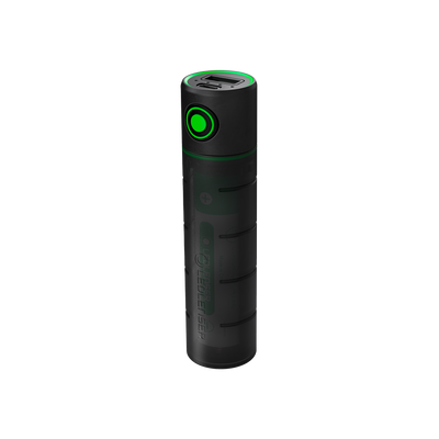 Ledlenser Flex3 Powerbank black cylindrical rechargeable power bank with a green ring LED indicator and USB ports on the top upright view