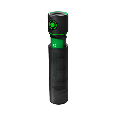 Flex3 Powerbank Ledlenser compact rechargeable battery with green cell and USB ports visible on top in a black cylindrical housing