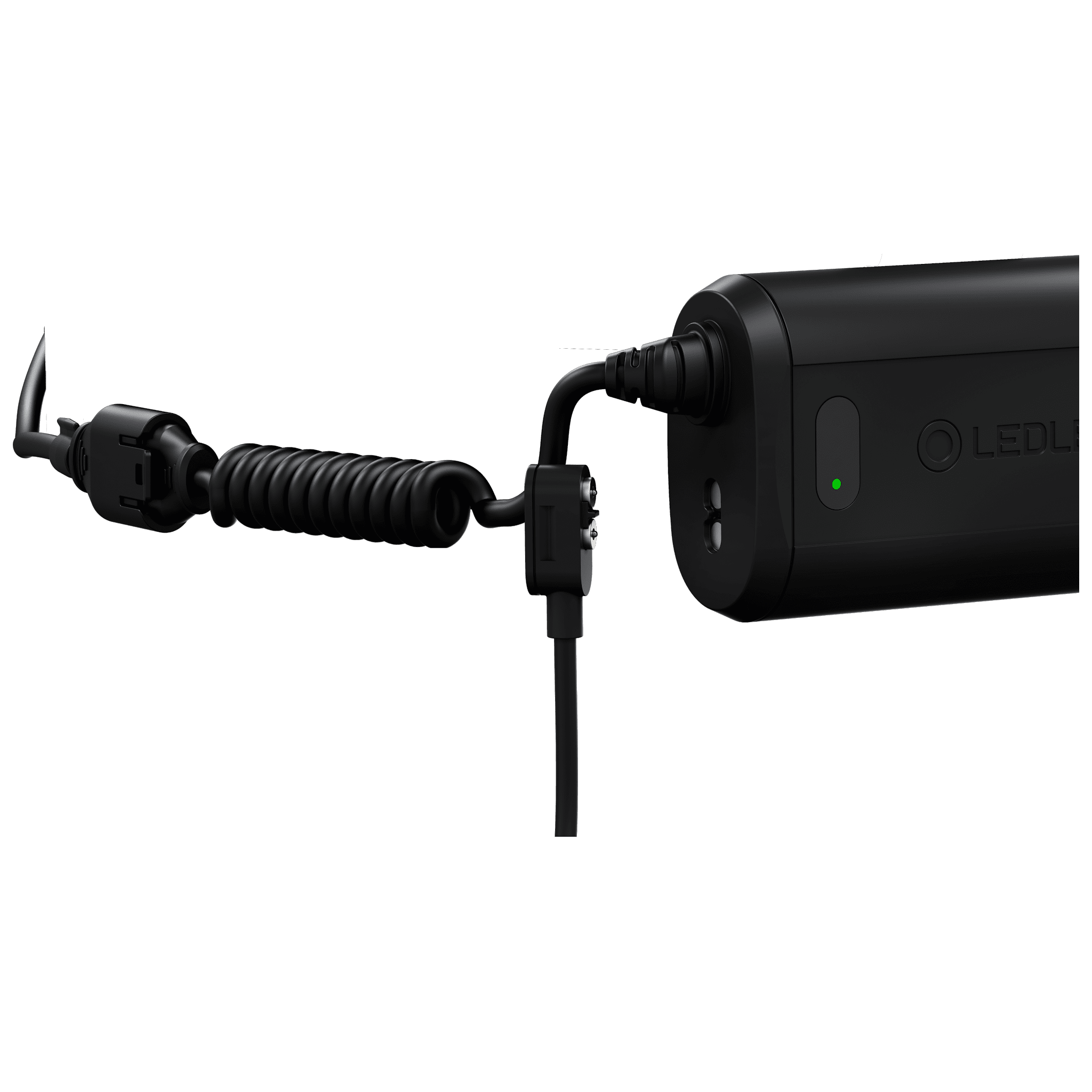 Ledlenser H15R Core Headlamp connected to a rechargeable battery pack with a coiled charging cable side view