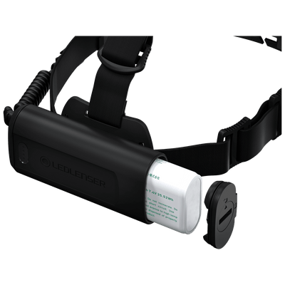 Ledlenser H19R Core Headlamp shown in side view with integrated battery pack on an adjustable strap and removable cap jacket on the battery