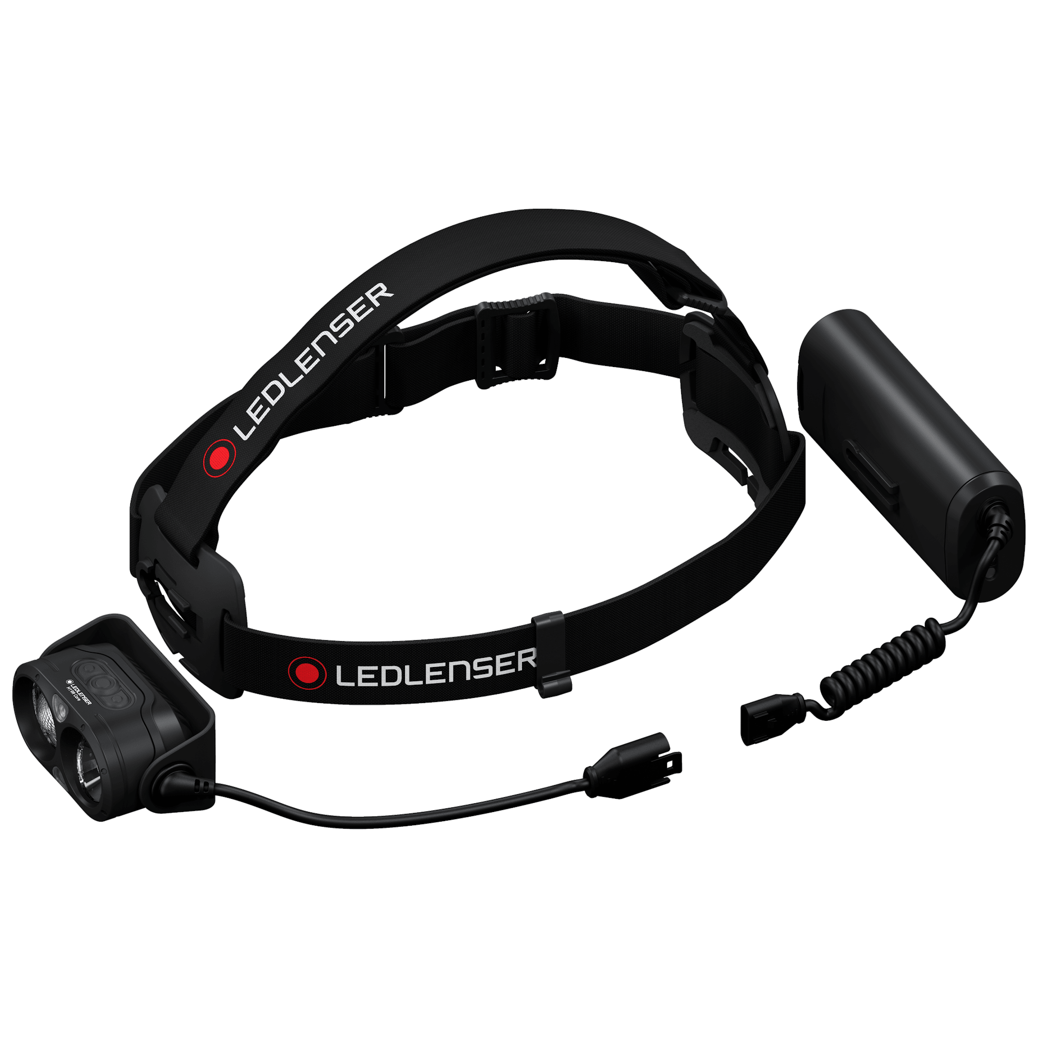 Ledlenser H19R Core Headlamp with adjustable black headband and external battery pack connected by a cable front light unit with dual LED housing