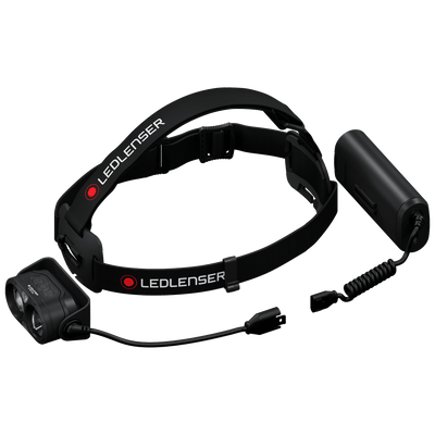 Ledlenser H19R Core Headlamp with adjustable black headband and external battery pack connected by a cable front light unit with dual LED housing