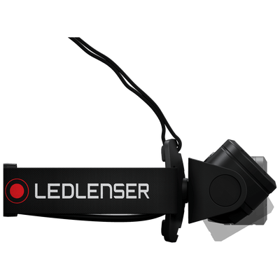 Ledlenser H19R Core Headlamp with adjustable headband and mounted battery pack in black side view