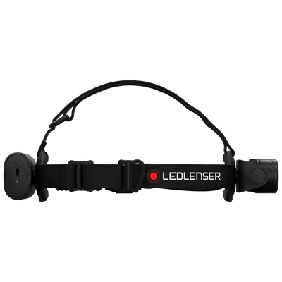 Ledlenser H19R Core Headlamp worn on a black headband with adjustable strap and side battery pack