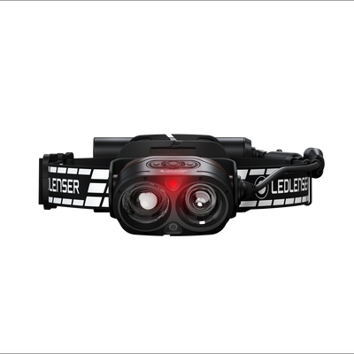 Ledlenser H19R Signature Headlamp front view showing dual lenses red indicator and black headband worn on the head