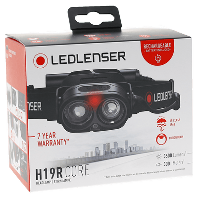 Ledlenser H19R Core headlamp packaging box displaying a black headlamp with red accent IP68 symbol and Ledlenser branding