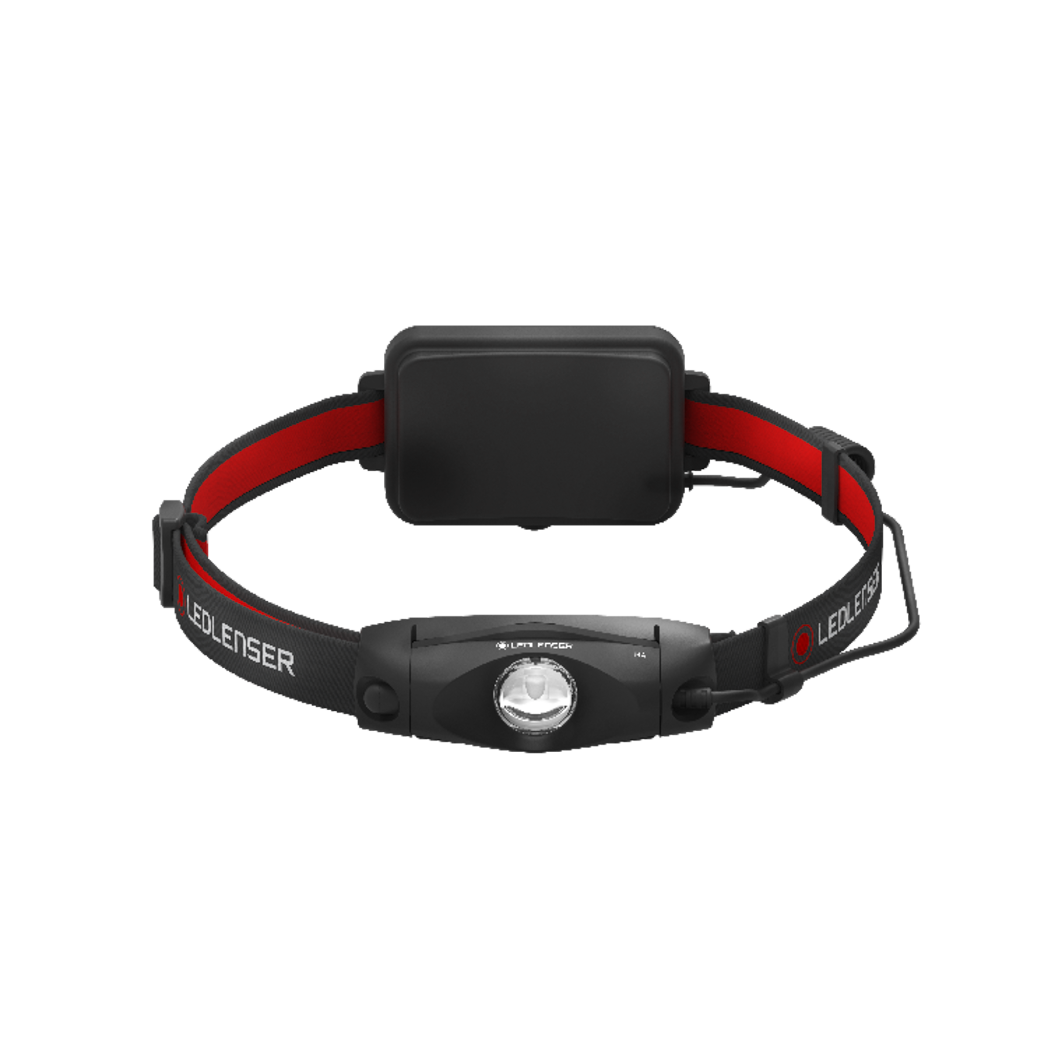 Ledlenser H4 Headlamp with black front light red adjustable head strap and battery pack mounted behind shown head on