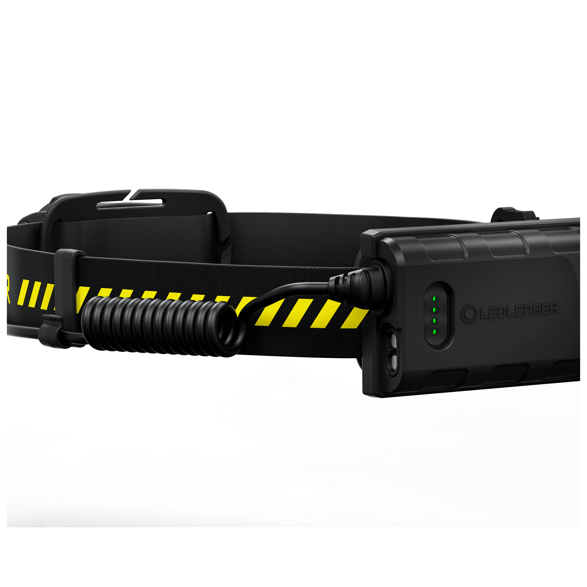 Ledlenser H5R Work Headlamp with black adjustable headband and integrated rechargeable battery pack; coiled charging cable attached to side and front battery housing with green indicator LEDs