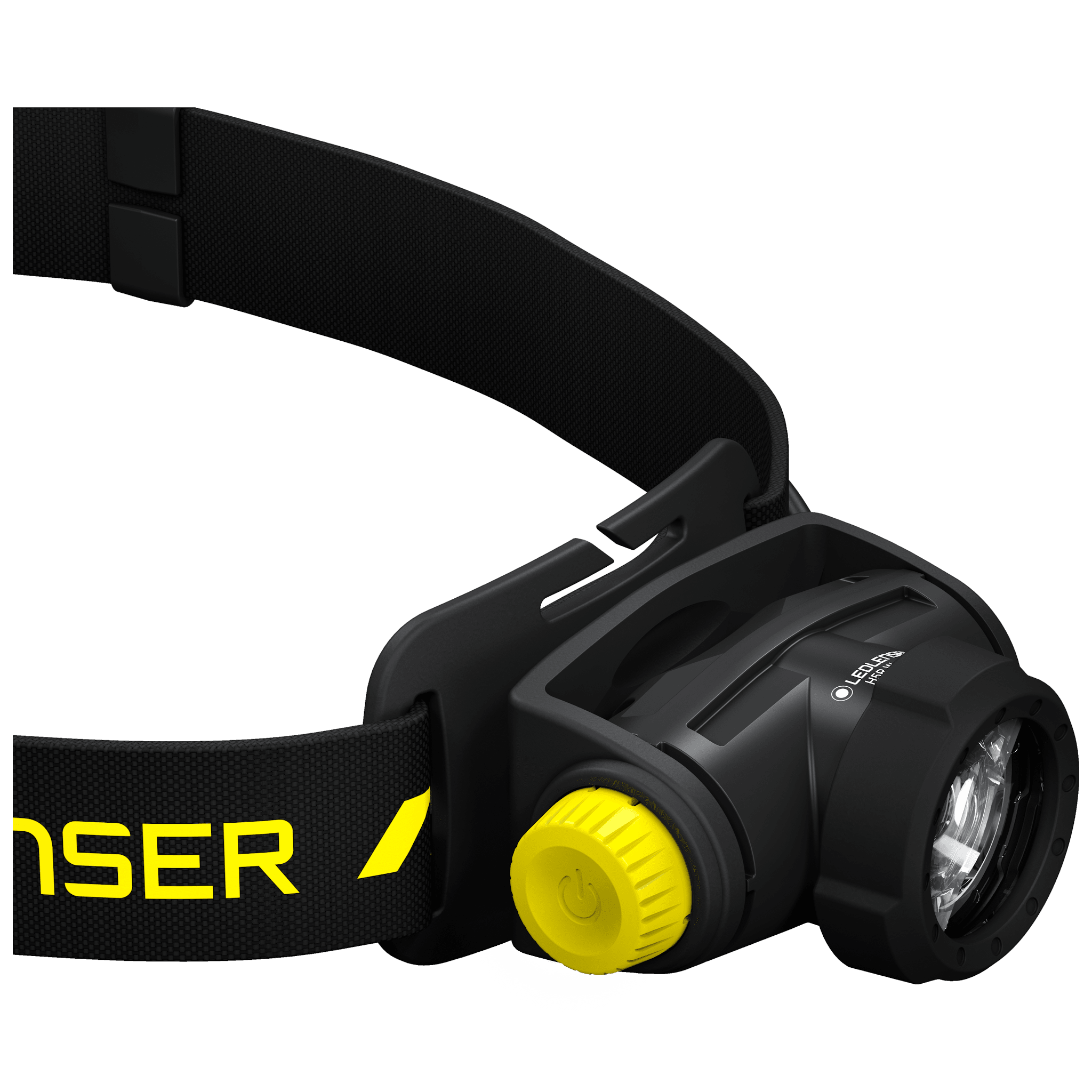Ledlenser H5R Work Headlamp with black adjustable headband and yellow dial angled view showing front light